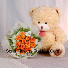 12 Roses oranges avec mignon ours en peluche