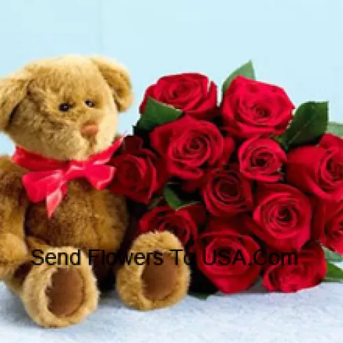 Bündel von 12 roten Rosen mit saisonalen Füllstoffen und einem niedlichen braunen Teddybär