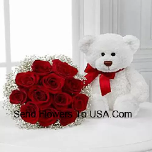 Ramo de 12 rosas rojas con relleno de temporada junto con un lindo oso de peluche blanco de 14 pulgadas de altura