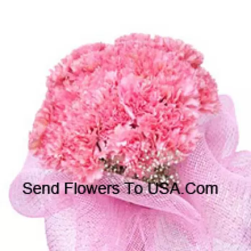 Un magnifique bouquet de 24 œillets roses avec des remplisseurs saisonniers