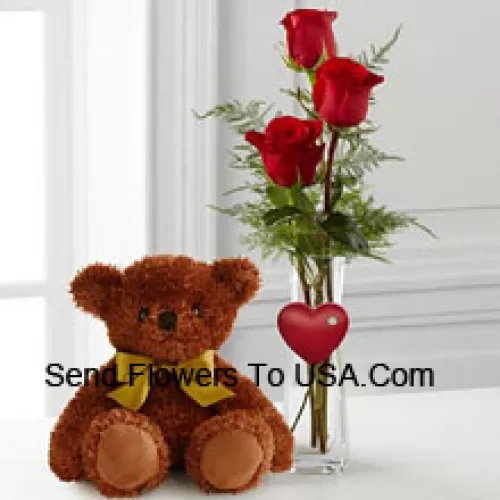 Tre rose rosse in un vaso di vetro rosso e un grazioso orsacchiotto marrone da 10 pollici (ci riserviamo il diritto di sostituire il vaso in caso di indisponibilità. Scorte limitate)